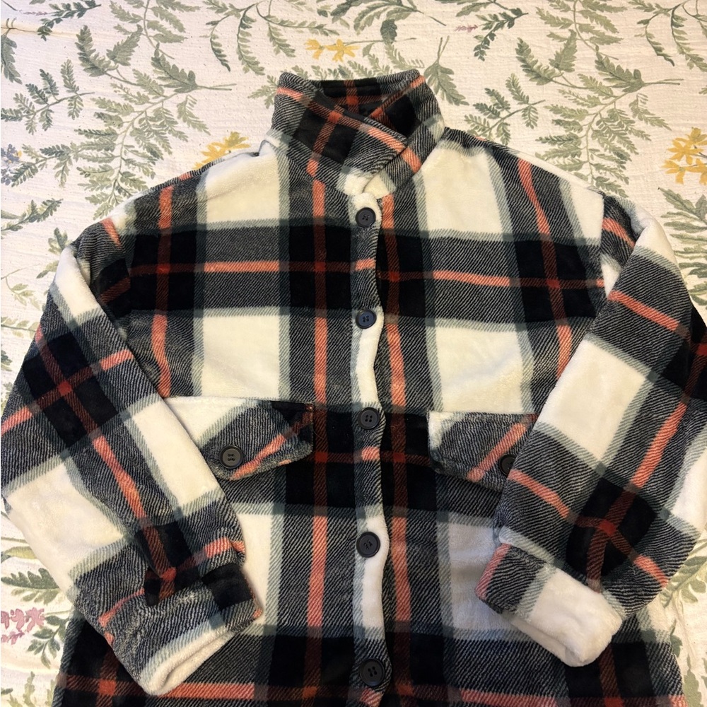 SHEIN Black White and Coral Plaid Button-Up Jacket